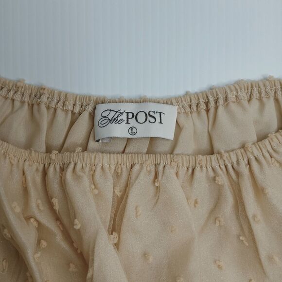 Women's Champagne Swiss Dot Puff Sleeve Babydoll Mini Dress Size L New - Picture 6 of 8